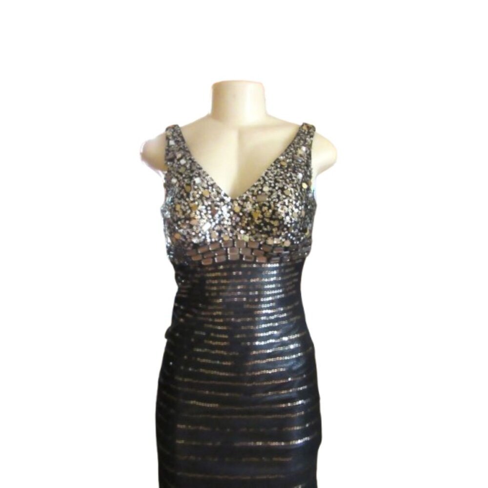 Vintage Janine Sequined Rhinestone Sleeveless Black & Gold Cocktail Dress Size X - Picture 2 of 7
